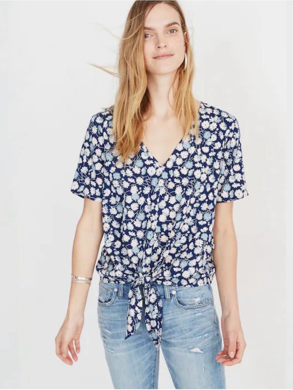 Madewell Novel Tie-Front Top in French Floral Blue Ditsy Print Size Small